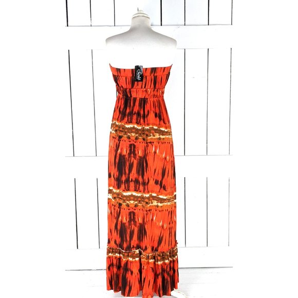 Sele orange brown boho tie dye water color strapless slinky ruffle maxi dress - Picture 4 of 5